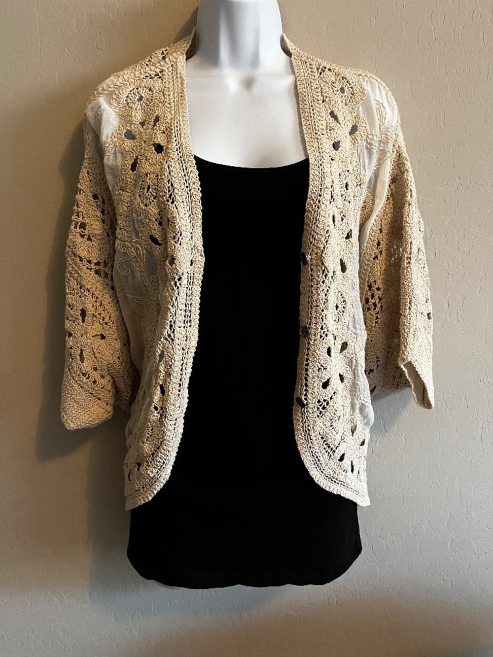 POL ONE Here's Hoping Cream Color Crochet Cardigan Open Size NWOT